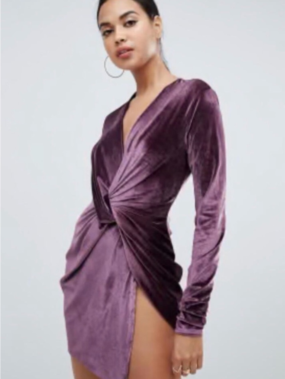 NWT Club L London Purple Velvet Twist-Front Long Sleeve Mini Dress